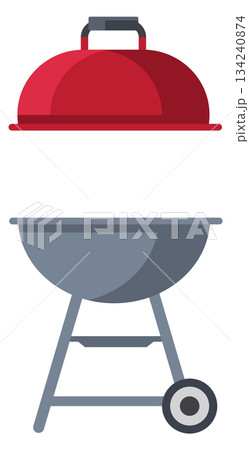 A red and silver grill with a lid A red and silver grill with a lid 134240874