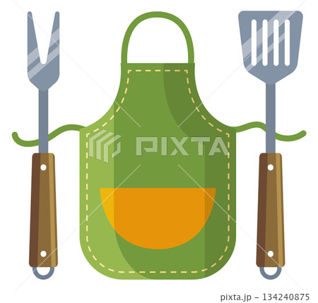 A green apron with a bowl and a pair of tongs A green apron with a bowl and a pair of tongs 134240875