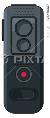 A black and white image of a remote control with a red button A black and white image of a remote control with a red button 134240887