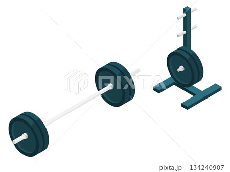 A pair of dumbbells and a barbell are shown side by side A pair of dumbbells and a barbell are shown side by side 134240907