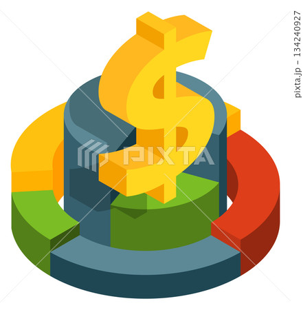 A yellow dollar sign is on top of a multi-colored pie chart A yellow dollar sign is on top of a multi-colored pie chart 134240927