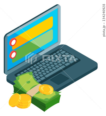 A laptop with a stack of cash and coins on top of it A laptop with a stack of cash and coins on top of it 134240928