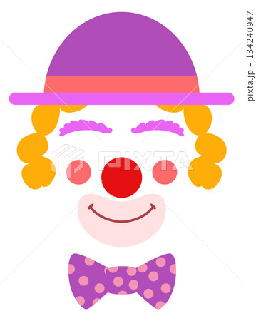 A cartoon clown with a red nose and a purple hat 134240947