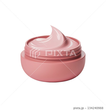 Pink cosmetic cream or moisturizer in open jar with delicate swirl, showcasing skincare, beauty products, self-care concepts on isolated background Pink cosmetic cream or moisturizer in open jar with delicate swirl, showcasing skincare, beauty products, self-care concepts on isolated background 134240988