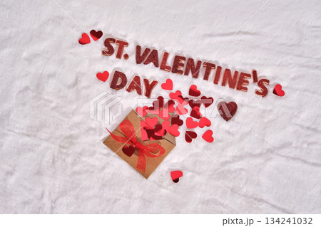 Festive St. Valentine's Day background on a white plush background with hearts. 134241032