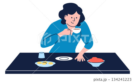 A woman is sitting at a table with a cup of coffee in front of her 134241223