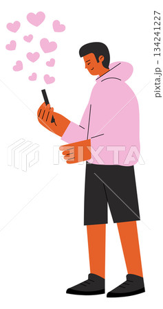 A man is holding a cell phone and smiling 134241227