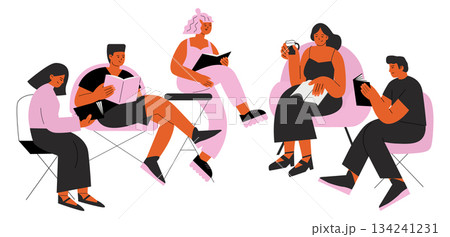 A group of people are sitting together and reading books 134241231