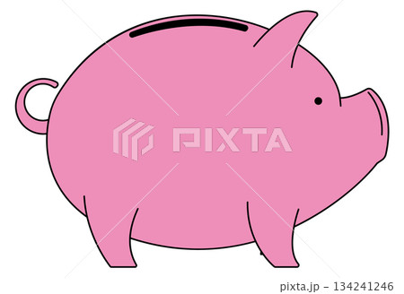 A cartoon piggy bank is pink and has a black slot 134241246