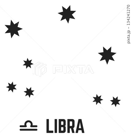 A black and white image of a constellation with the word LIBRA written in white A black and white image of a constellation with the word LIBRA written in white 134241270