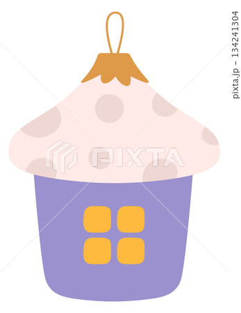 A purple house with a white roof and a yellow roof 134241304