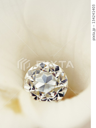 A white diamond is sitting on a white flower petal 134241403