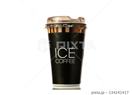 A black cup with a white lid and the word Ice Coffee written on it 134241417