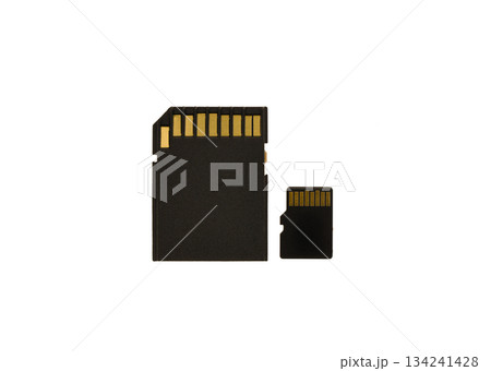 A black and gold memory card sits next to a smaller black and gold memory card 134241428
