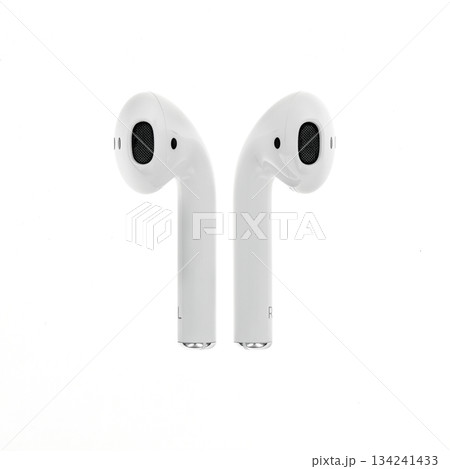Two white earbuds with a speaker on each 134241433