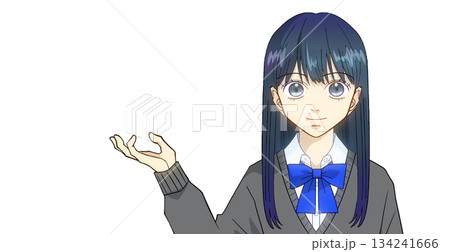説明、案内、紹介をしている高校生または中学生の女の子のアニメ風イラスト、白バック 134241666