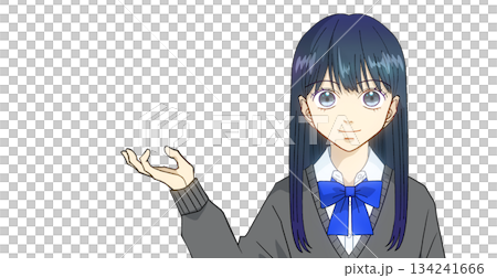 説明、案内、紹介をしている高校生または中学生の女の子のアニメ風イラスト、白バック 134241666