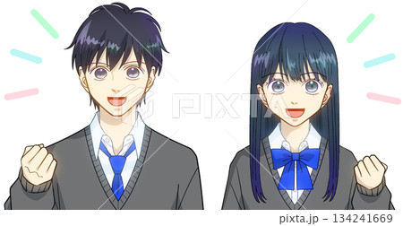 笑顔でガッツポーズをする高校生または中学生の男女のアニメ風イラスト、白バック 134241669