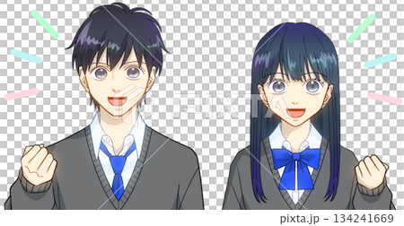 Anime-style illustration of a male and female high school or junior high school student smiling and raising their fist in the air, white background Anime-style illustration of a male and female high school or junior high school student smiling and raising their fist in the air, white background 134241669