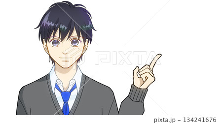 指差しで説明する高校生または中学生の男子のアニメ風イラスト、白バック 134241676