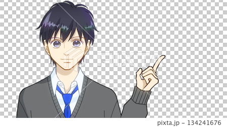 指差しで説明する高校生または中学生の男子のアニメ風イラスト、白バック 134241676