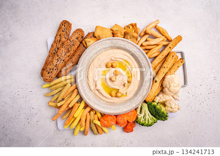 Various hummus dips, healthy and vegan snack 134241713