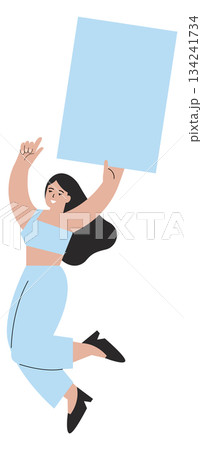 A woman is jumping in the air holding a sign A woman is jumping in the air holding a sign 134241734