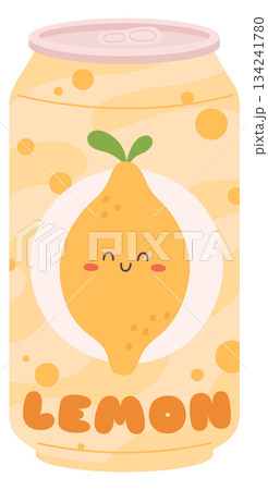 A cartoon can of lemonade with a smiling lemon on the label A cartoon can of lemonade with a smiling lemon on the label 134241780