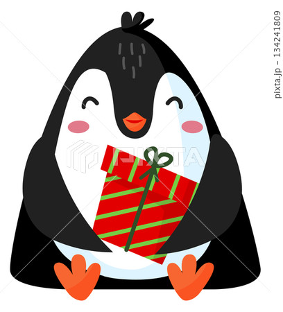 A penguin is holding a red and green gift box 134241809
