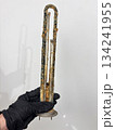 Plumber hand holding a boiler heating element covered with limescale, hard water residue, boiler maintenance and cleaning, scale removal, water heater repair 134241955