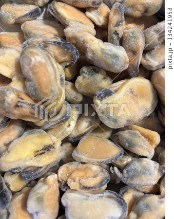 Top view of frozen mussels, seafood concept, keto diet ingredients, healthy marine food Top view of frozen mussels, seafood concept, keto diet ingredients, healthy marine food 134241958