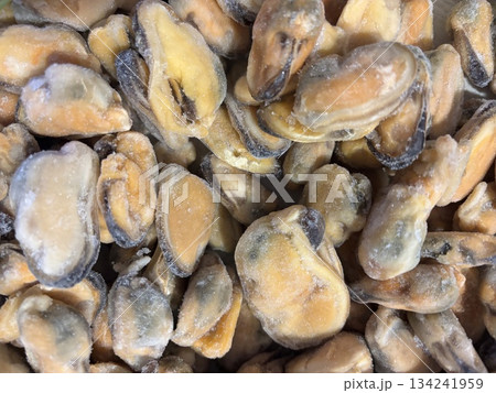 Top view of frozen mussels, seafood concept, keto diet ingredients, healthy marine food 134241959