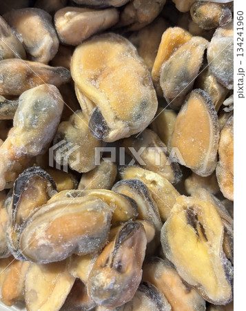 Top view of frozen mussels, seafood concept, keto diet ingredients, healthy marine food 134241960