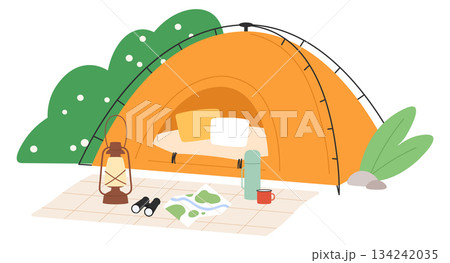 Camping tent. Nature relaxation place. Recreation vacation 134242035