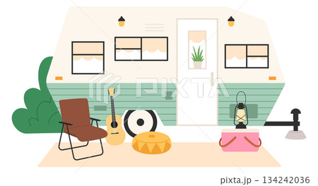 Camping truck. Summer vacation journey. Outdoor campsite 134242036