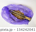 Old boiler heating element covered with limescale lying in a trash bag after replacement, hard water damage, boiler service and maintenance 134242041