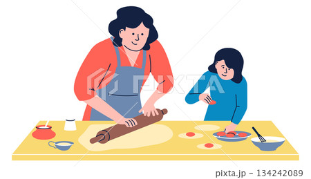 Mother and daughter baking together. Cooking family time Mother and daughter baking together. Cooking family time 134242089