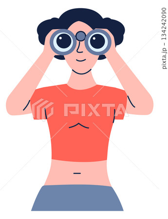 Young woman look through binoculars. Distance vision optic Young woman look through binoculars. Distance vision optic 134242090