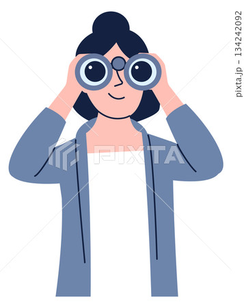 Woman hold binoculars. Look in future. Work strategy and research icon Woman hold binoculars. Look in future. Work strategy and research icon 134242092