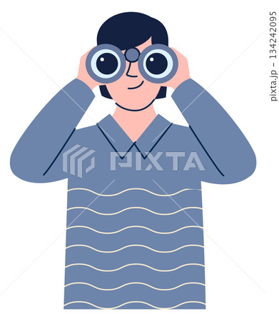 Young man look in binoculars. Observe or see future icon Young man look in binoculars. Observe or see future icon 134242095