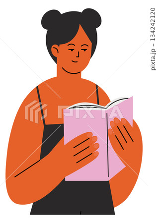 Girl reading book. Student or book lover colorful character 134242120