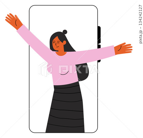 Happy woman greeting from phone screen. Video social communication Happy woman greeting from phone screen. Video social communication 134242127