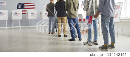 Banner background with diverse American citizens at polling station on election day Banner background with diverse American citizens at polling station on election day 134242165
