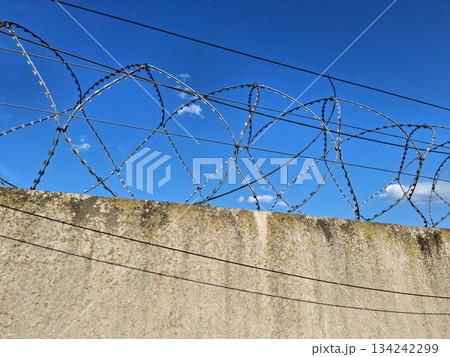 Metal barbed wire is stretched on a concrete fence 134242299