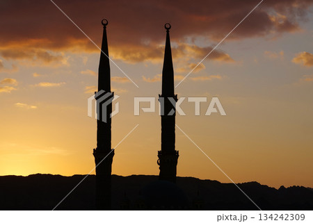 Evening clouds and two minarets of mosque in Sharm El Sheikh, Egypt 134242309