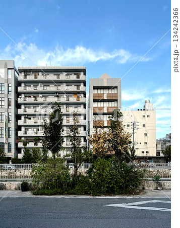 Modern apartment buildings with lush green trees and blue sky with clouds 134242366