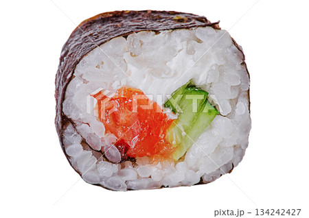 Roll with salmon, cucumber and Philadelphia cheese isolated on white. Roll with salmon, cucumber and Philadelphia cheese isolated on white. 134242427