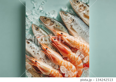 Fresh seafood display with vibrant shrimp and assorted fish on ice 134242513