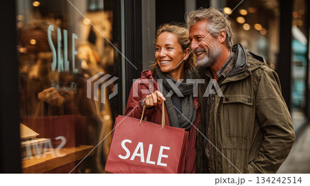 Joyful shoppers enjoying a sale moment in a bustling retail scene 134242514