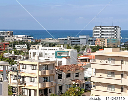 A panoramic view of a dense urban landscape with various residential and commercial buildings stretching towards the deep blue sea on a clear day A panoramic view of a dense urban landscape with various residential and commercial buildings stretching towards the deep blue sea on a clear day 134242550